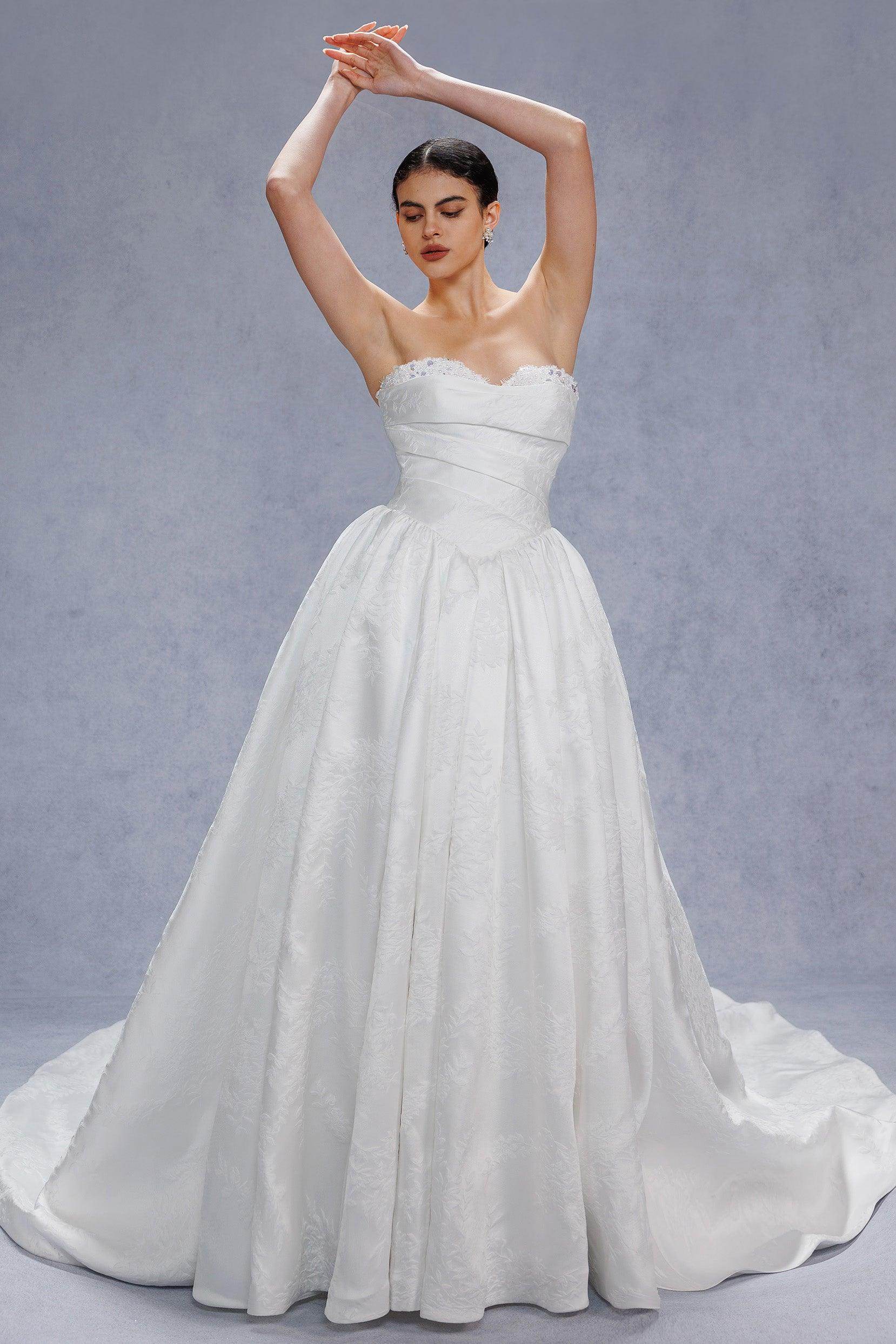 Ball Gown Court Train Jacquard Satin Wedding Dress CW3532 - COCOMELODY